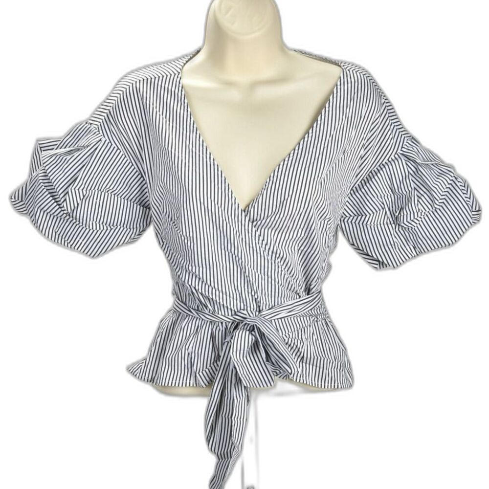 Bebe Black and White Striped Wrap Blouse Balloon Sleeve Size XS